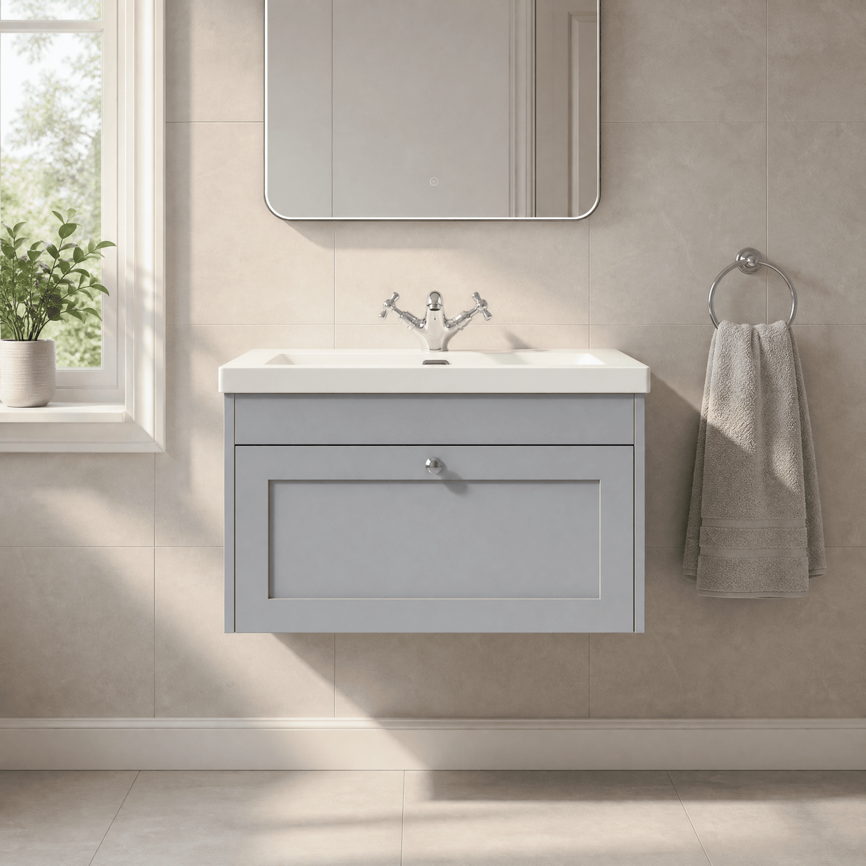 [BFHE296L] Balterley 800mm Wall Hung 1 Drawer Unit & Minimalist Basin 1 Tap Hole - Satin Grey - Lifestyle 1
