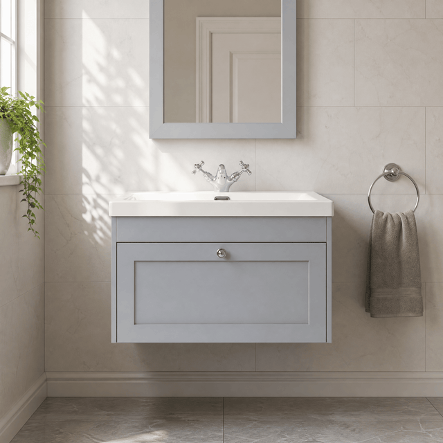 [BFHE296L] Balterley 800mm Wall Hung 1 Drawer Unit & Minimalist Basin 1 Tap Hole - Satin Grey - Silo