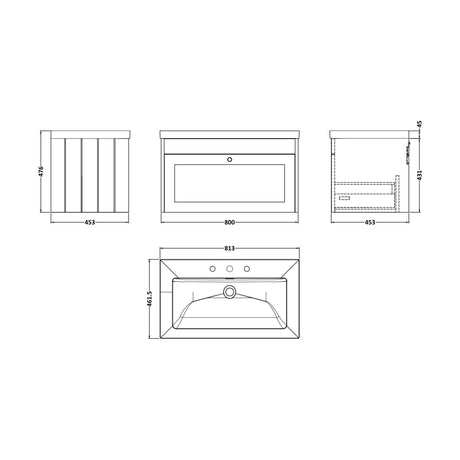 [BFHE296M] Balterley 800mm Wall Hung 1 Drawer Unit with Minimalist Basin 3 Tap Hole - Satin Grey - Technical Drawing