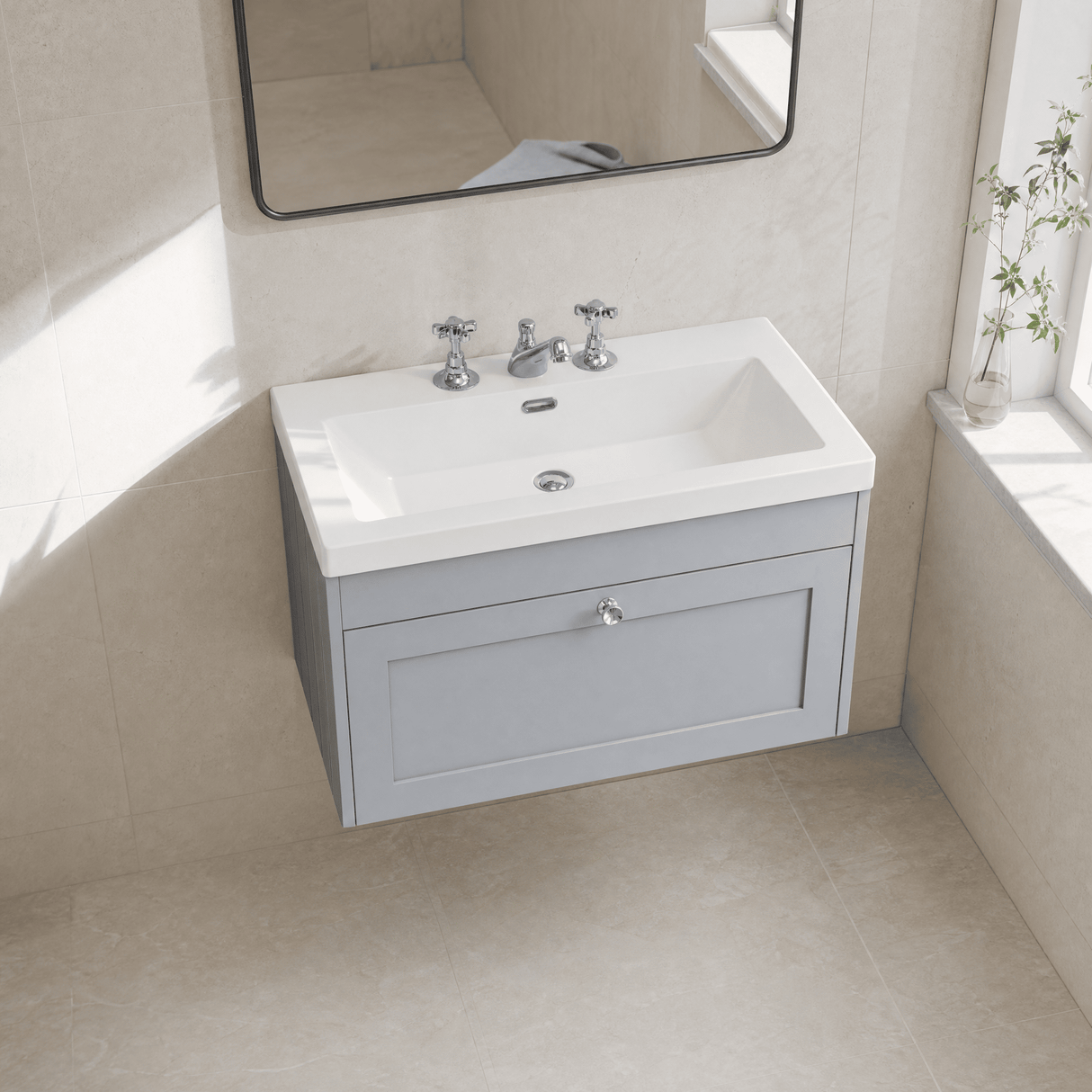 [BFHE296M] Balterley 800mm Wall Hung 1 Drawer Unit with Minimalist Basin 3 Tap Hole - Satin Grey - Lifestyle 2