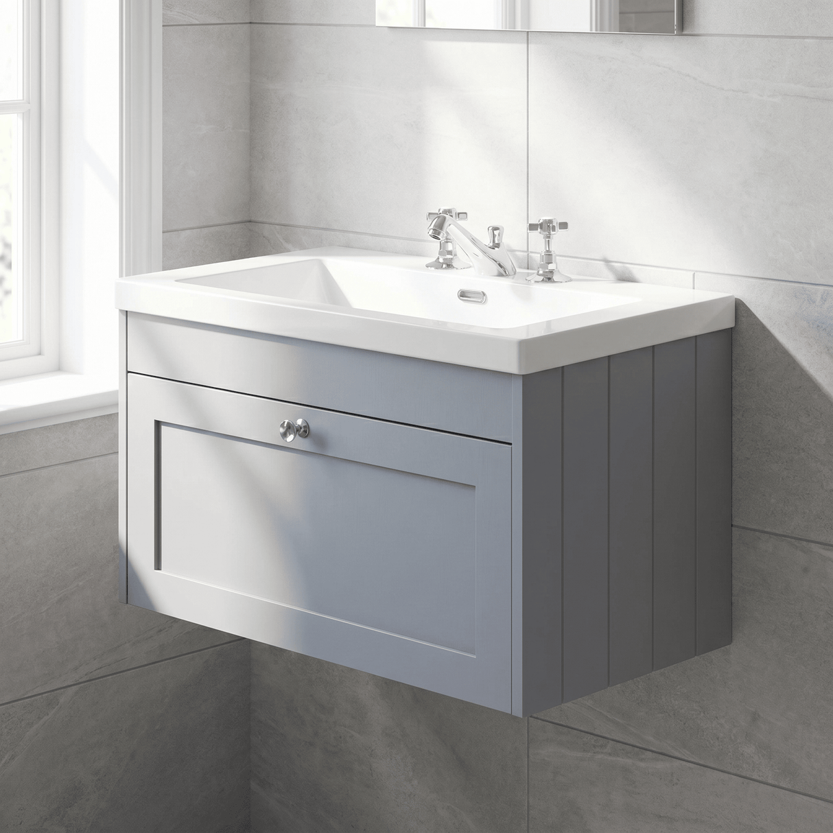 [BFHE296M] Balterley 800mm Wall Hung 1 Drawer Unit with Minimalist Basin 3 Tap Hole - Satin Grey - Lifestyle 3