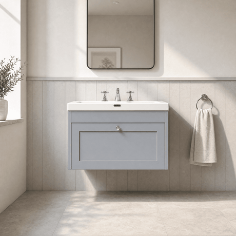 [BFHE296M] Balterley 800mm Wall Hung 1 Drawer Unit with Minimalist Basin 3 Tap Hole - Satin Grey - Silo