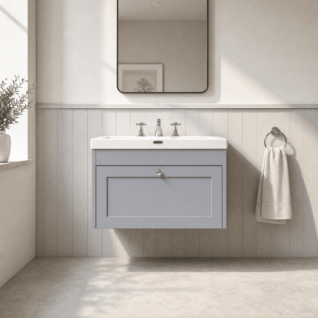 [BFHE296M] Balterley 800mm Wall Hung 1 Drawer Unit with Minimalist Basin 3 Tap Hole - Satin Grey - Silo