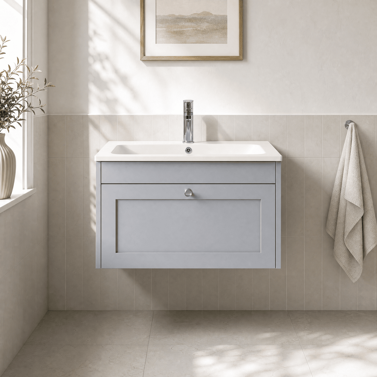 [BFHE296P] Balterley 800mm Wall Hung 1 Drawer Unit with Stone Basin 1 Tap Hole - Satin Grey - Lifestyle 1