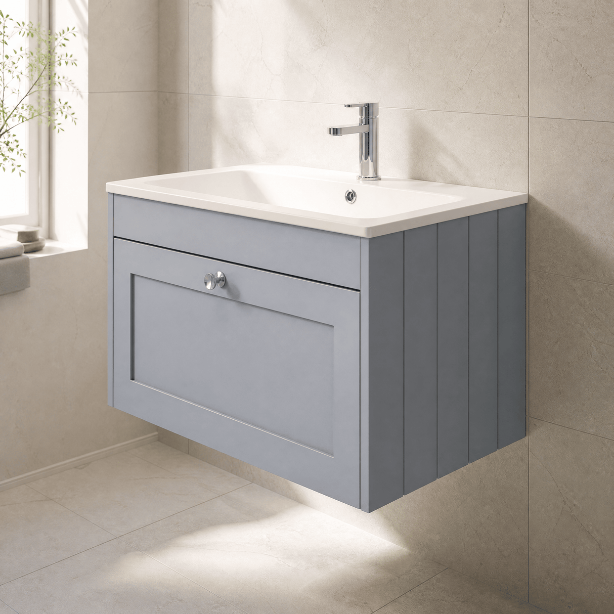 [BFHE296P] Balterley 800mm Wall Hung 1 Drawer Unit with Stone Basin 1 Tap Hole - Satin Grey - Lifestyle 3