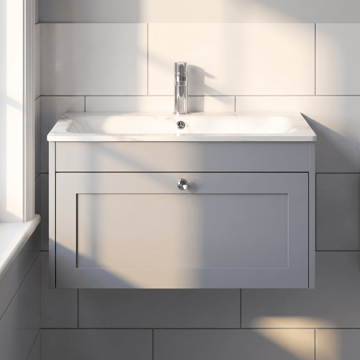[BFHE296Q] Balterley 800mm Wall Hung 1 Drawer Unit with Stone Basin 1 Tap Hole, Satin Grey - Lifestyle 1