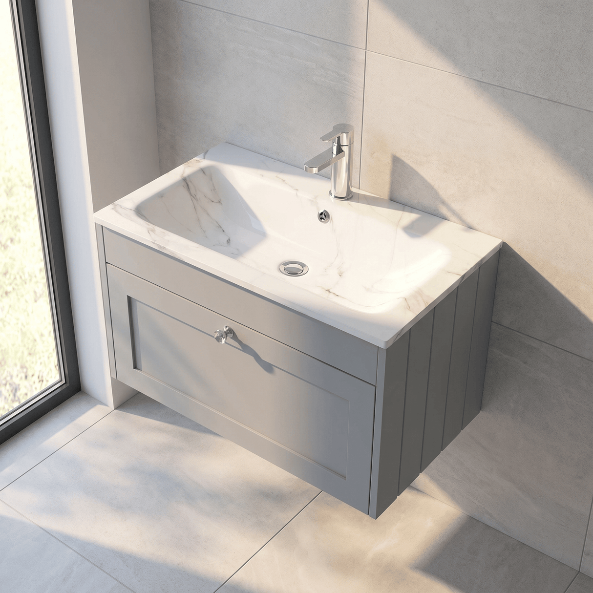 [BFHE296Q] Balterley 800mm Wall Hung 1 Drawer Unit with Stone Basin 1 Tap Hole, Satin Grey - Lifestyle 2