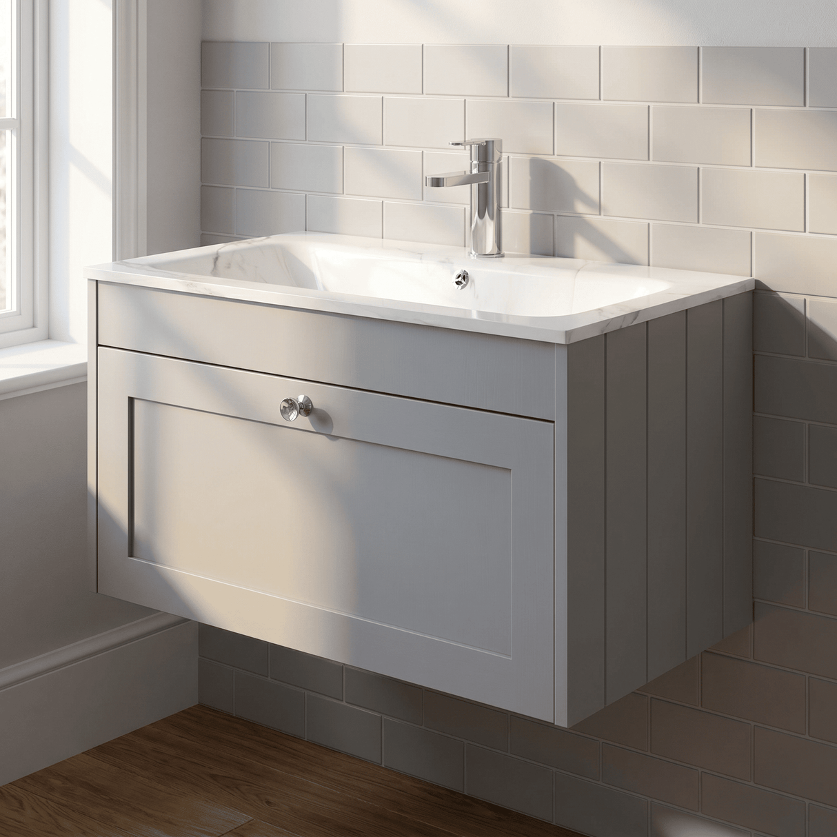 [BFHE296Q] Balterley 800mm Wall Hung 1 Drawer Unit with Stone Basin 1 Tap Hole, Satin Grey - Lifestyle 3
