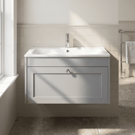 [BFHE296Q] Balterley 800mm Wall Hung 1 Drawer Unit with Stone Basin 1 Tap Hole, Satin Grey - Silo