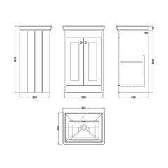 [BFHE3223A] Balterley 500mm Floor Standing 2 Door Unit with Classic Basin 1 Tap Hole - Pebble Grey - Technical Drawing