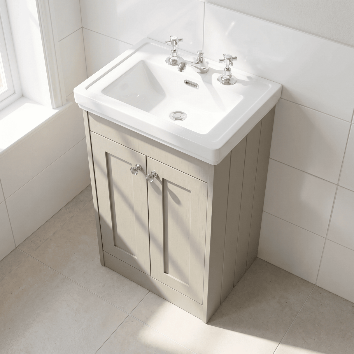 [BFHE3223B] Balterley 500mm Floor Standing 2 Door Unit with Classic Basin 3 Tap Hole - Pebble Grey - Lifestyle 2