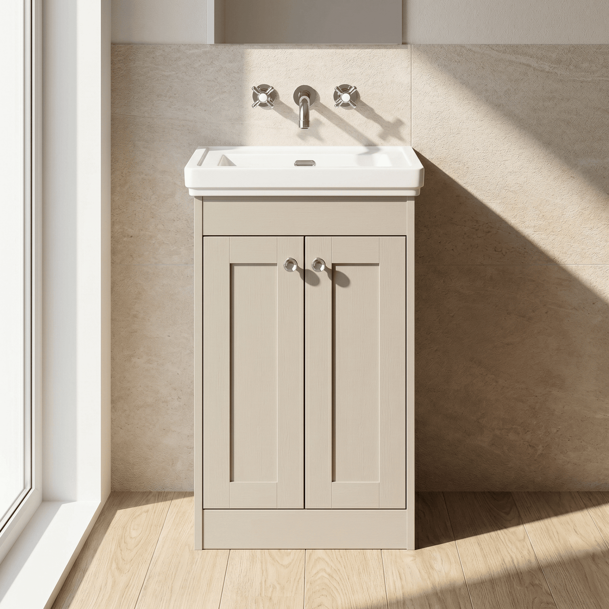 [BFHE3223H] Balterley 500mm Floor Standing 2 Door Unit with Classic Basin No Tap Hole - Pebble Grey - Lifestyle 1