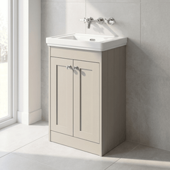 [BFHE3223H] Balterley 500mm Floor Standing 2 Door Unit with Classic Basin No Tap Hole - Pebble Grey - Lifestyle 3