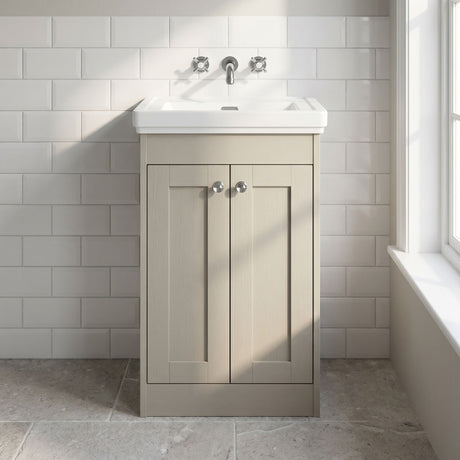 [BFHE3223H] Balterley 500mm Floor Standing 2 Door Unit with Classic Basin No Tap Hole - Pebble Grey - Silo