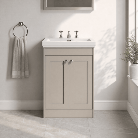 [BFHE3225B] Balterley 600mm Floor Standing 2 Door Unit with Classic Basin 3 Tap Hole - Pebble Grey - Silo