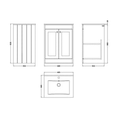 [BFHE3225C] Balterley 600mm Floor Standing 2 Door Unit with Minimalist Basin 1 Tap Hole - Pebble Grey - Technical Drawing