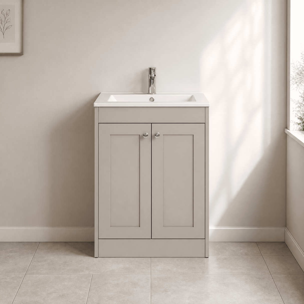 [BFHE3225C] Balterley 600mm Floor Standing 2 Door Unit with Minimalist Basin 1 Tap Hole - Pebble Grey - Lifestyle 1