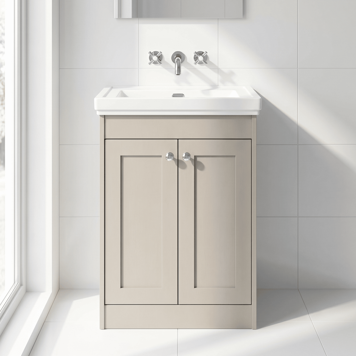 [BFHE3225H] Balterley 600mm Floor Standing 2 Door Unit with Classic Basin No Tap Hole - Pebble Grey - Lifestyle 1