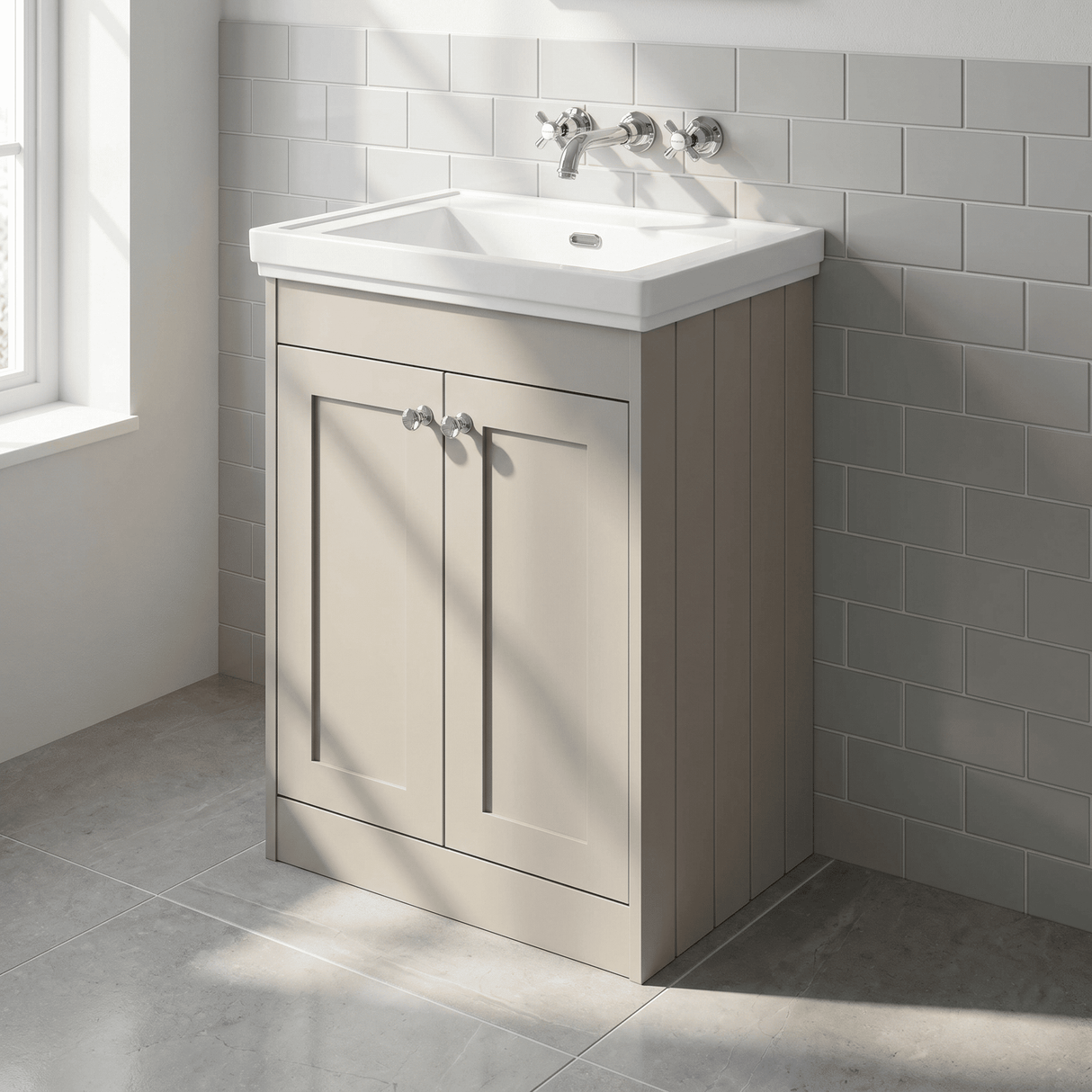 [BFHE3225H] Balterley 600mm Floor Standing 2 Door Unit with Classic Basin No Tap Hole - Pebble Grey - Lifestyle 3