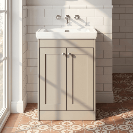 [BFHE3225H] Balterley 600mm Floor Standing 2 Door Unit with Classic Basin No Tap Hole - Pebble Grey - Silo