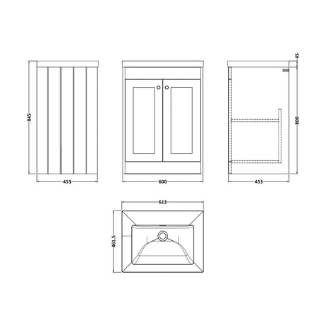 [BFHE3225K] Balterley 600mm Floor Standing 2 Door Unit with Minimalist Basin No Tap Hole - Pebble Grey - Technical Drawing