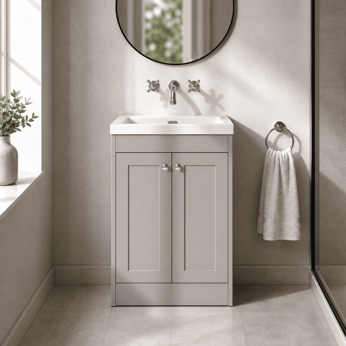 [BFHE3225K] Balterley 600mm Floor Standing 2 Door Unit with Minimalist Basin No Tap Hole - Pebble Grey - Lifestyle 1