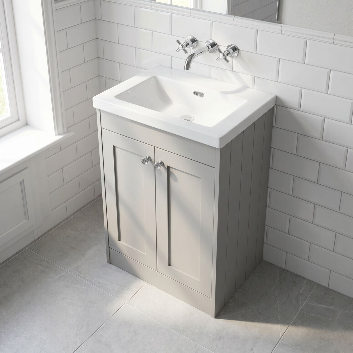 [BFHE3225K] Balterley 600mm Floor Standing 2 Door Unit with Minimalist Basin No Tap Hole - Pebble Grey - Lifestyle 2
