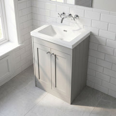 [BFHE3225K] Balterley 600mm Floor Standing 2 Door Unit with Minimalist Basin No Tap Hole - Pebble Grey - Lifestyle 2