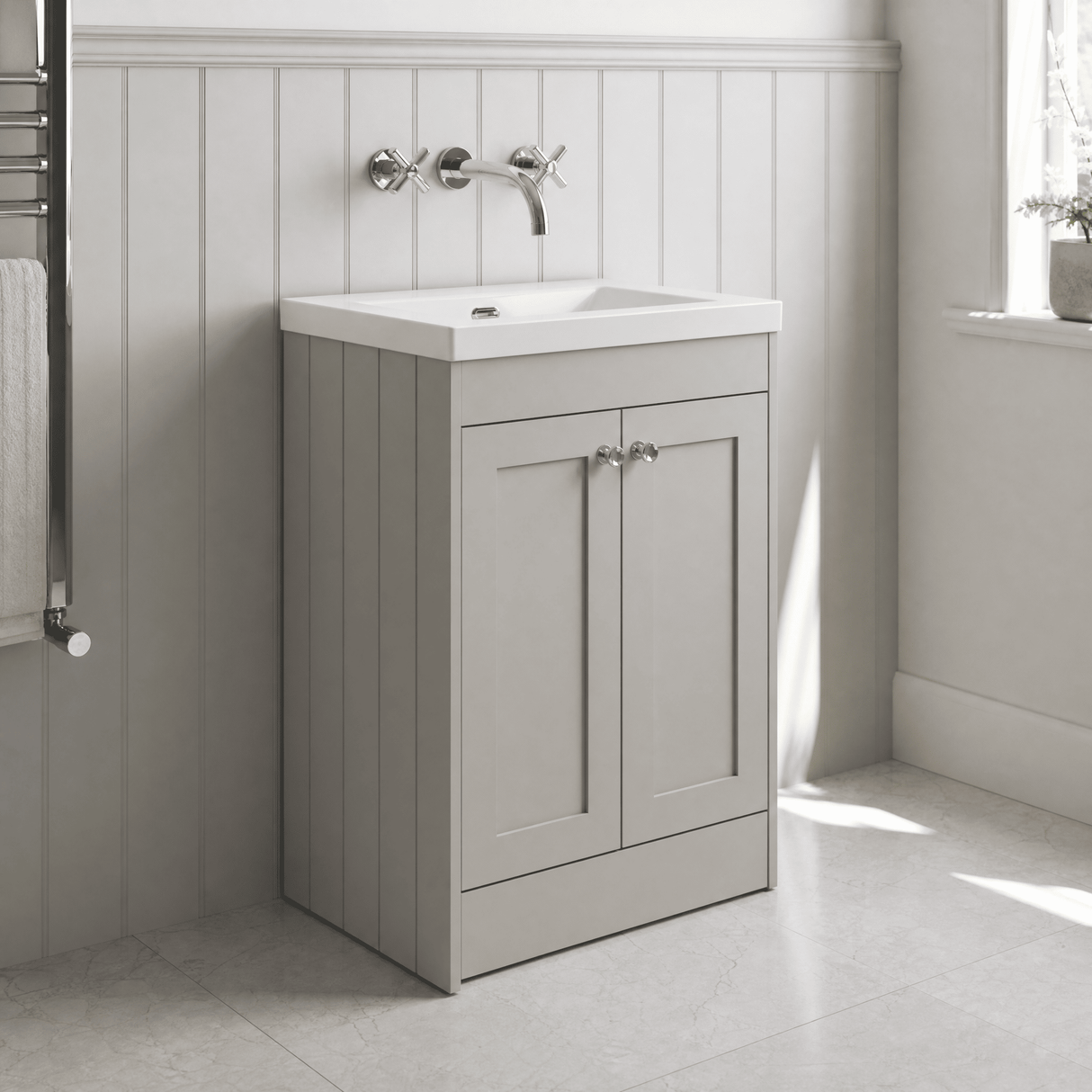[BFHE3225K] Balterley 600mm Floor Standing 2 Door Unit with Minimalist Basin No Tap Hole - Pebble Grey - Lifestyle 3