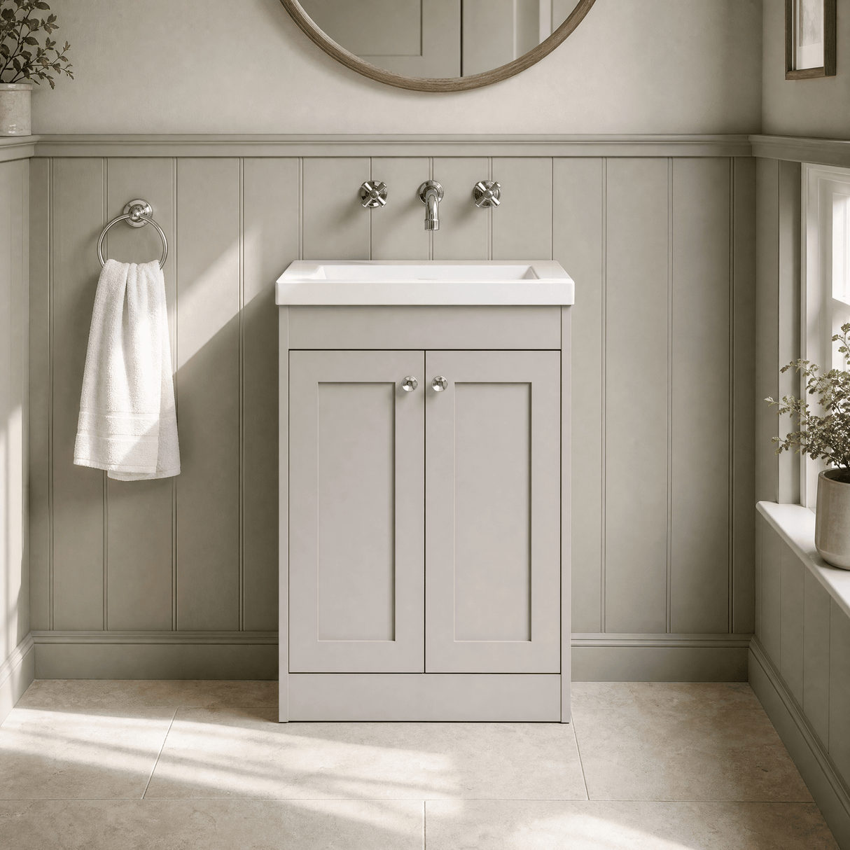 [BFHE3225K] Balterley 600mm Floor Standing 2 Door Unit with Minimalist Basin No Tap Hole - Pebble Grey - Silo