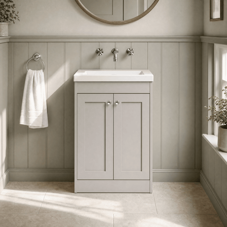 [BFHE3225K] Balterley 600mm Floor Standing 2 Door Unit with Minimalist Basin No Tap Hole - Pebble Grey - Silo