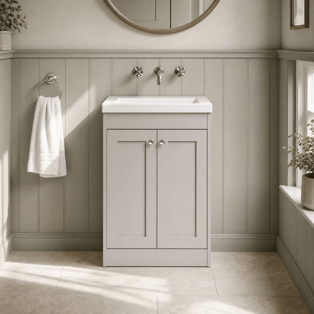 [BFHE3225K] Balterley 600mm Floor Standing 2 Door Unit with Minimalist Basin No Tap Hole - Pebble Grey - Silo
