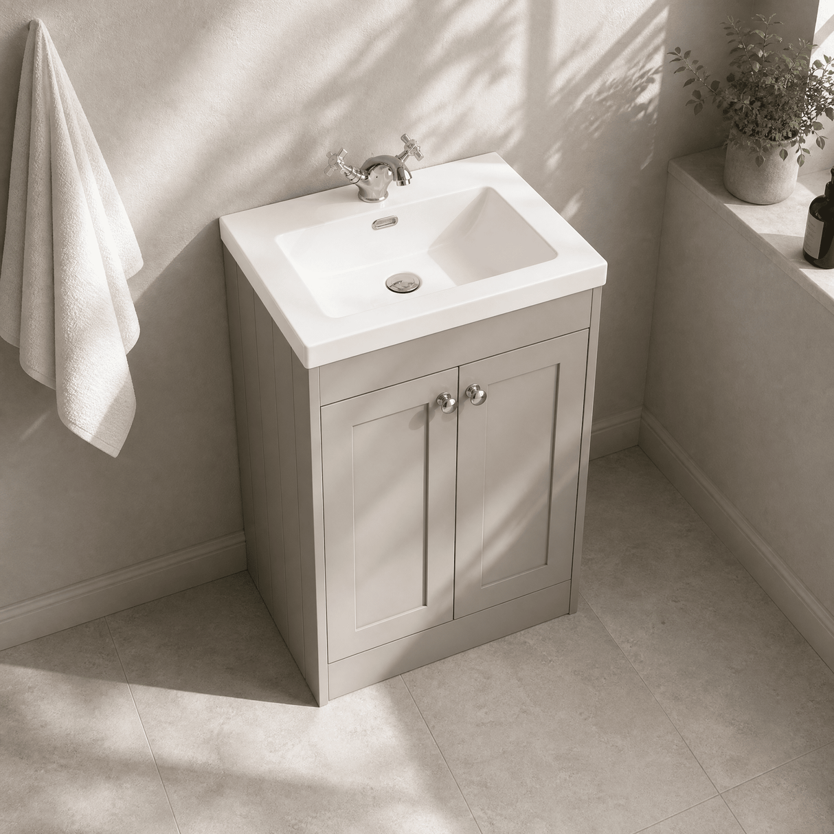 [BFHE3225L] Balterley 600mm Floor Standing 2 Door Unit with Minimalist Basin 1 Tap Hole - Pebble Grey - Lifestyle 2