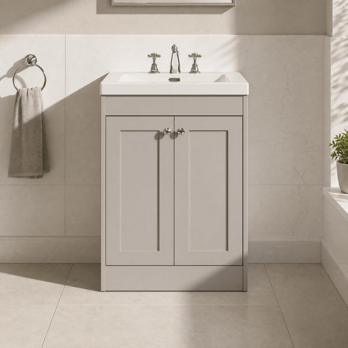 [BFHE3225M] Balterley 600mm Floor Standing 2 Door Unit with Minimalist Basin 3 Tap Hole - Pebble Grey - Lifestyle 1