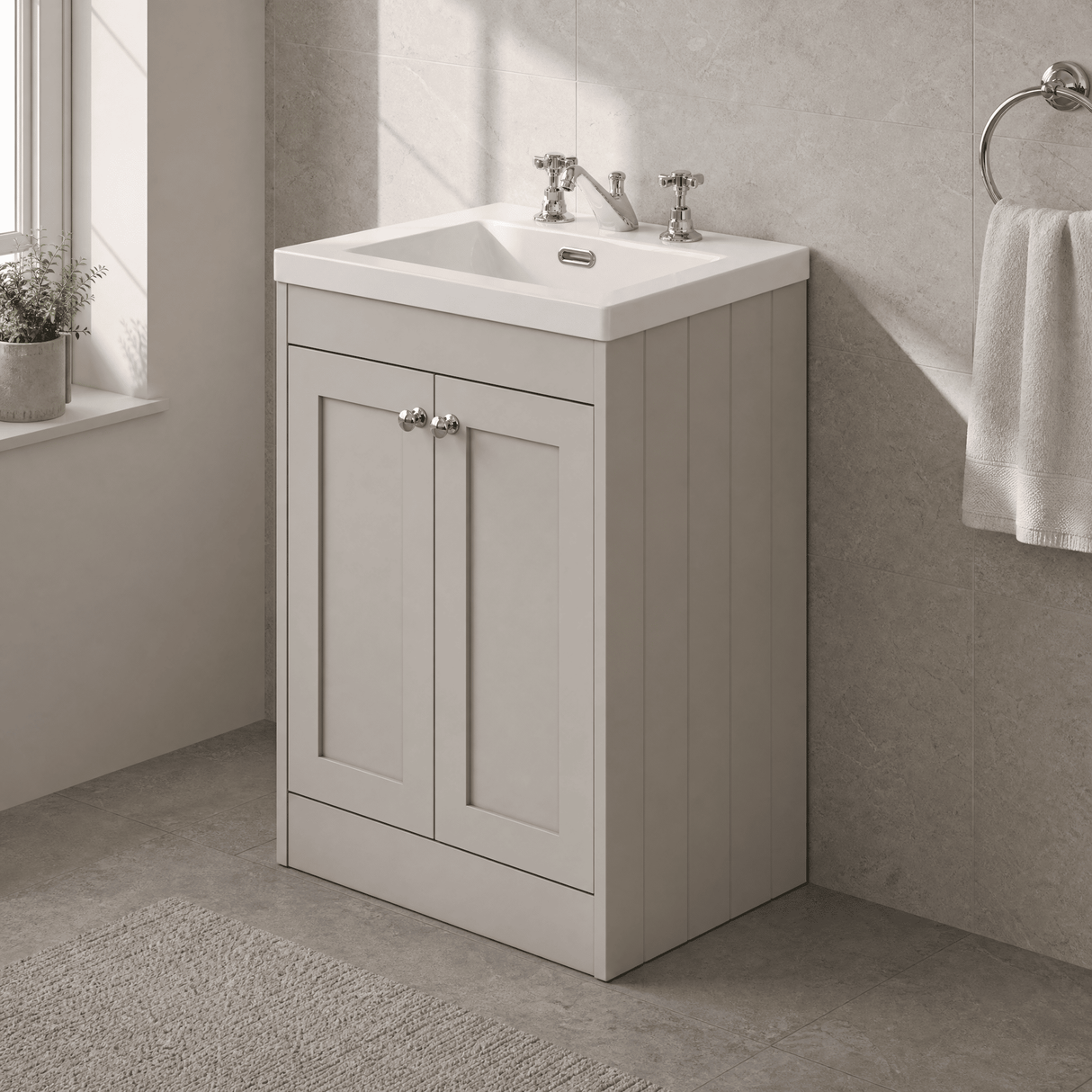 [BFHE3225M] Balterley 600mm Floor Standing 2 Door Unit with Minimalist Basin 3 Tap Hole - Pebble Grey - Lifestyle 3