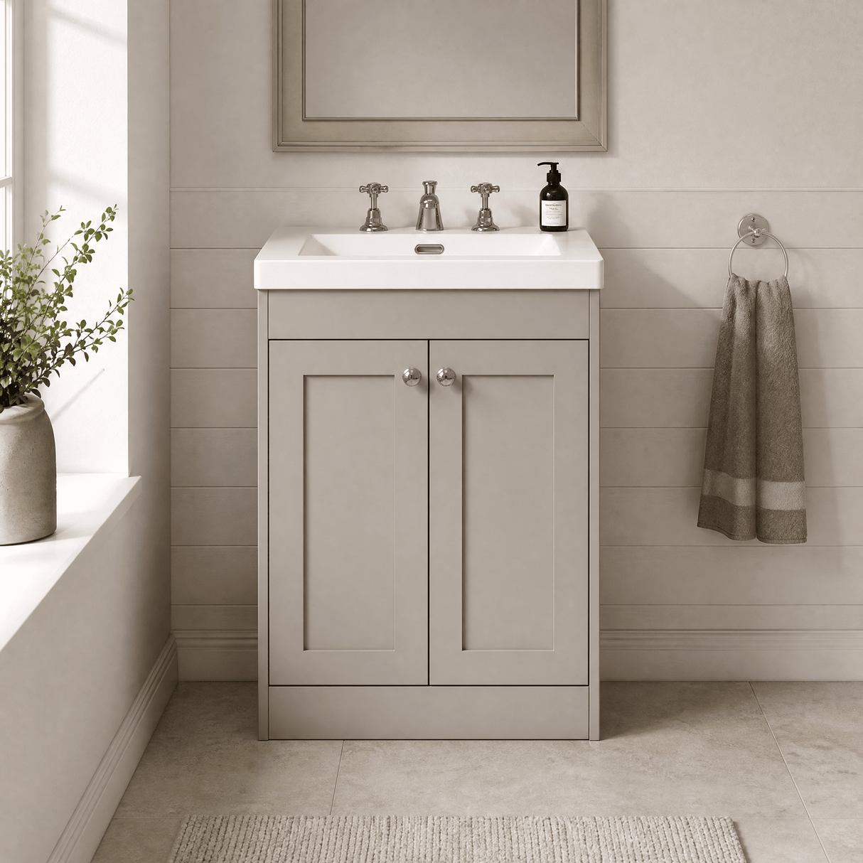 [BFHE3225M] Balterley 600mm Floor Standing 2 Door Unit with Minimalist Basin 3 Tap Hole - Pebble Grey - Silo