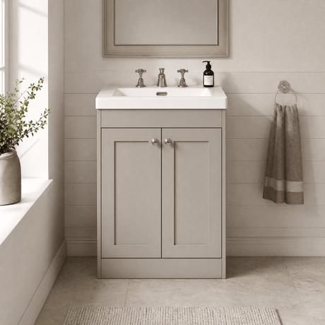 [BFHE3225M] Balterley 600mm Floor Standing 2 Door Unit with Minimalist Basin 3 Tap Hole - Pebble Grey - Silo