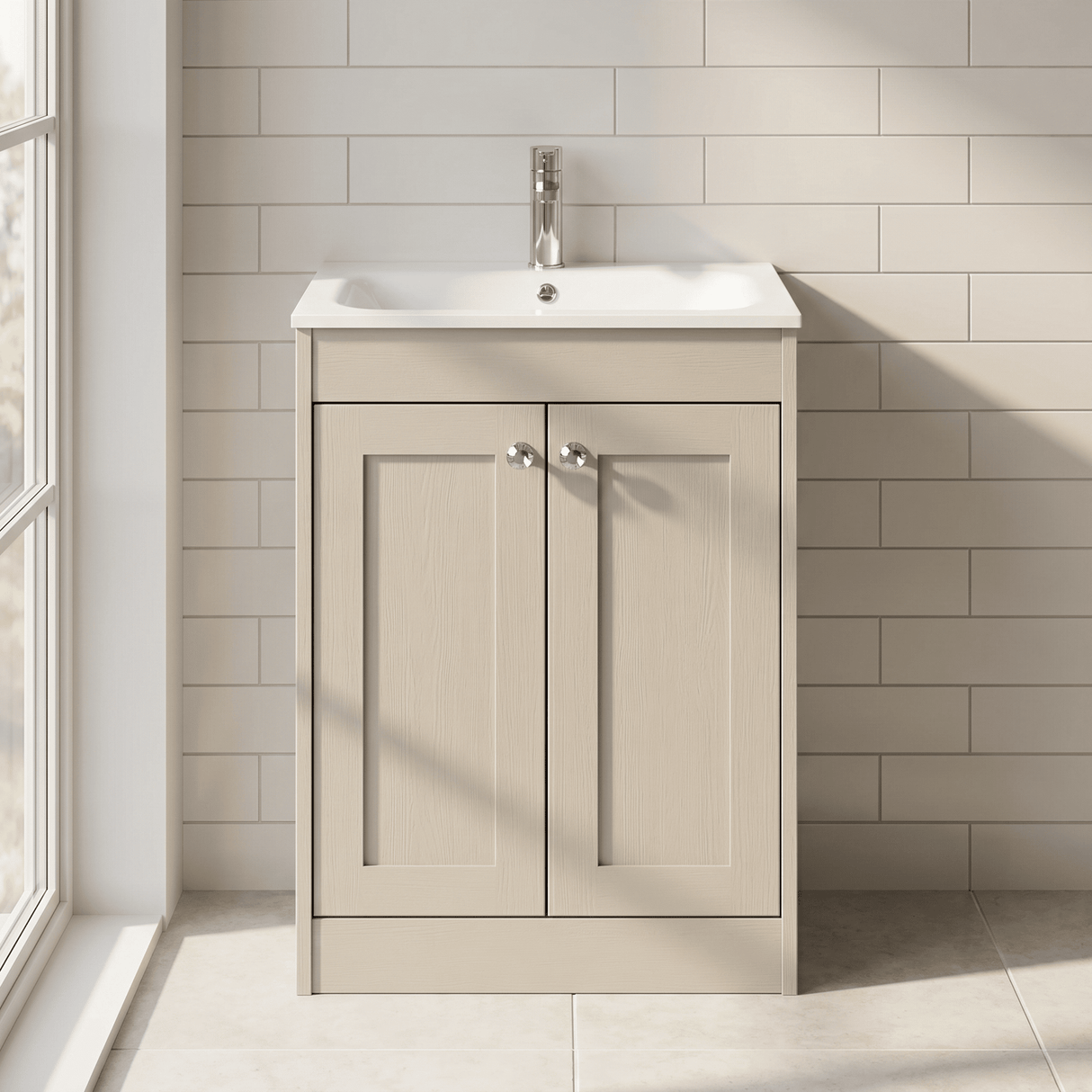 [BFHE3225P] Balterley 600mm Floor Standing 2 Door Unit with Stone Basin 1 Tap Hole - Pebble Grey - Lifestyle 1