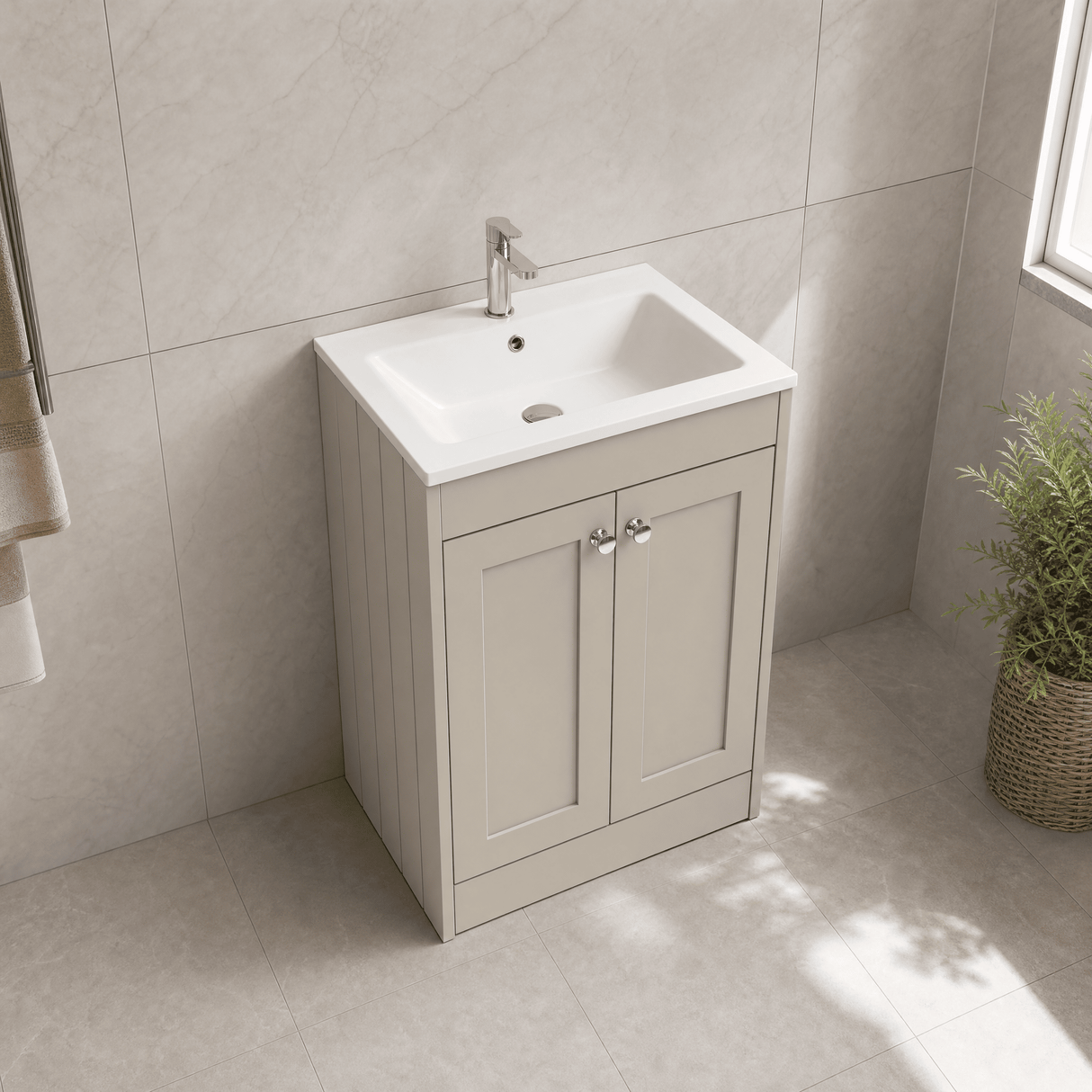 [BFHE3225P] Balterley 600mm Floor Standing 2 Door Unit with Stone Basin 1 Tap Hole - Pebble Grey - Lifestyle 2