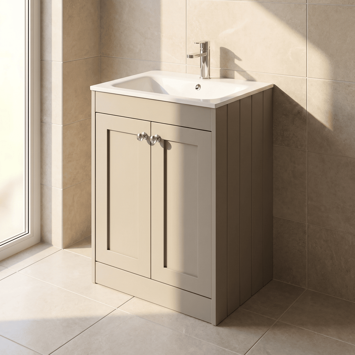 [BFHE3225P] Balterley 600mm Floor Standing 2 Door Unit with Stone Basin 1 Tap Hole - Pebble Grey - Lifestyle 3