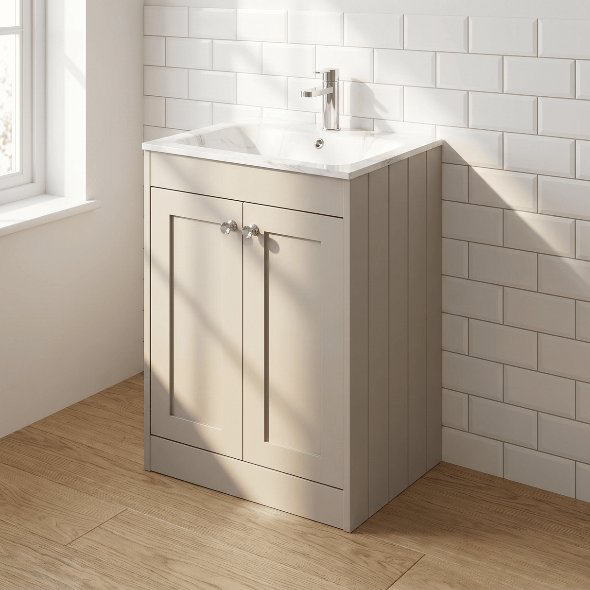 [BFHE3225Q] Balterley 600mm Floor Standing 2 Door Unit with Stone Basin 1 Tap Hole - Pebble Grey - Lifestyle 3