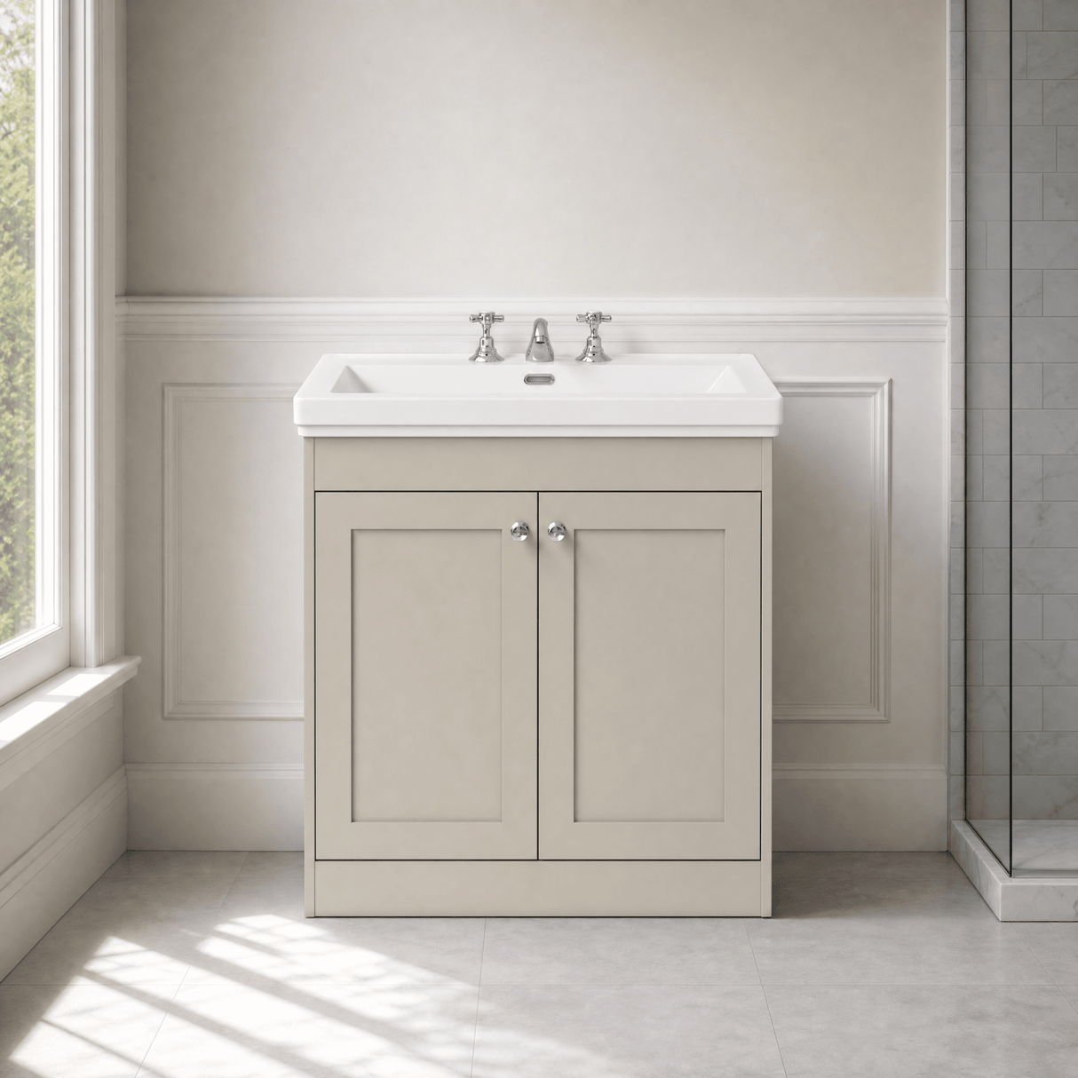 [BFHE3226B] Balterley 800mm Floor Standing 2 Door Unit with Classic Basin 3 Tap Hole - Pebble Grey - Lifestyle 1