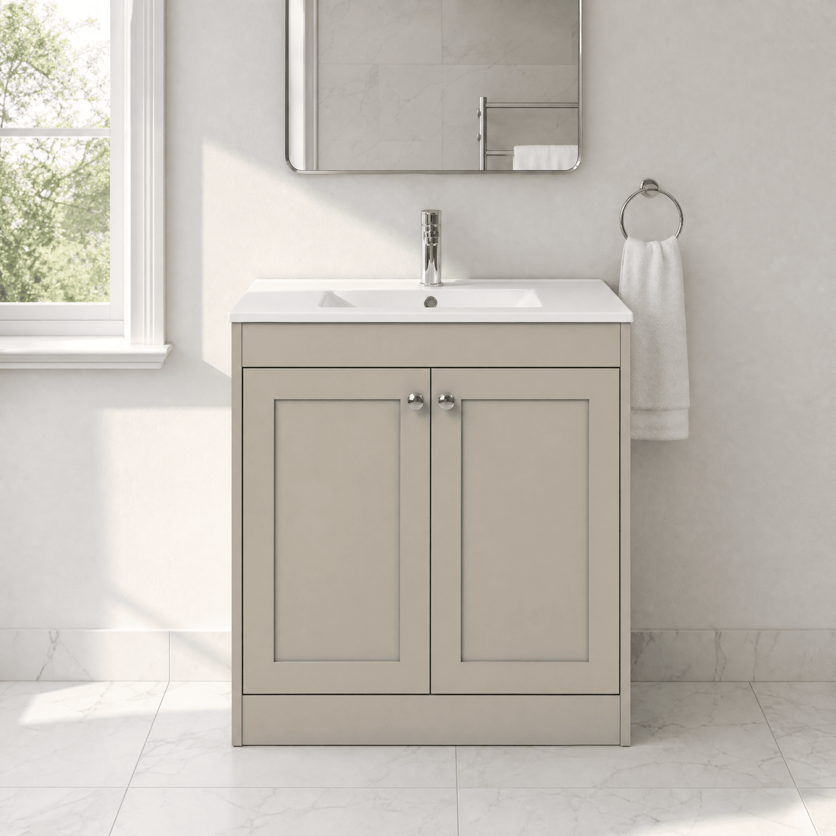 [BFHE3226C] Balterley 800mm Floor Standing 2 Door Unit with Minimalist Basin 1 Tap Hole - Pebble Grey - Lifestyle 1