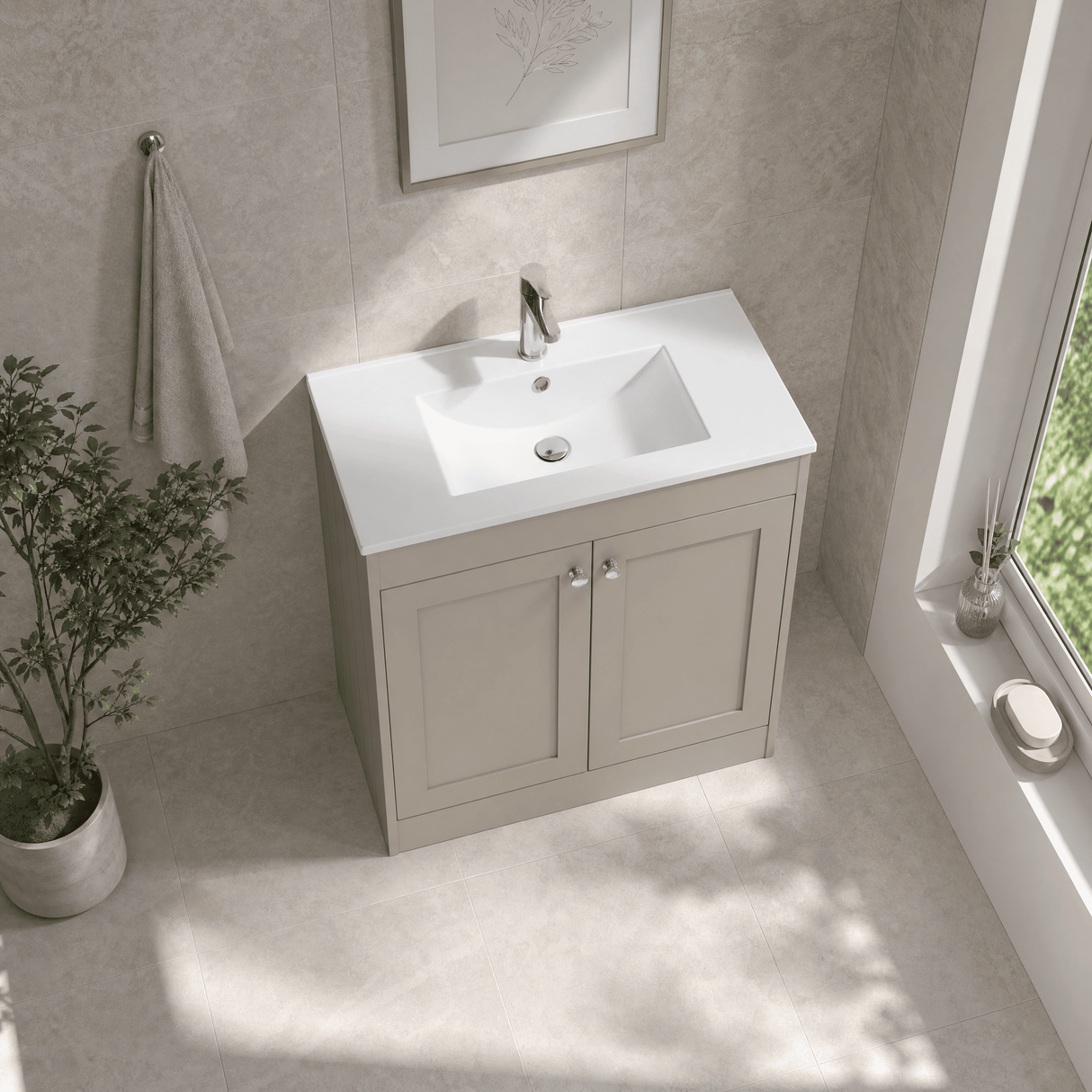 [BFHE3226C] Balterley 800mm Floor Standing 2 Door Unit with Minimalist Basin 1 Tap Hole - Pebble Grey - Lifestyle 2