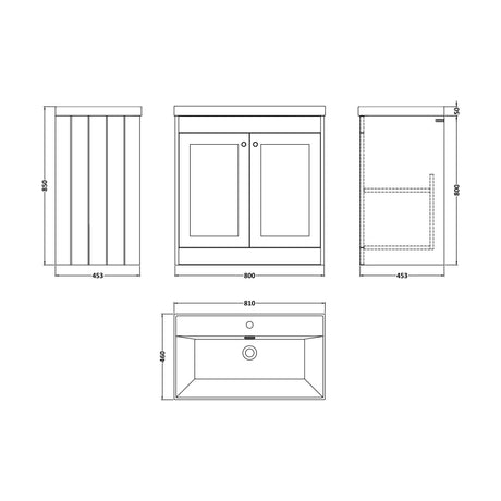 [BFHE3226E] Balterley 800mm Floor Standing 2 Door Unit with Thin Edge Basin 1 Tap Hole - Pebble Grey - Technical Drawing