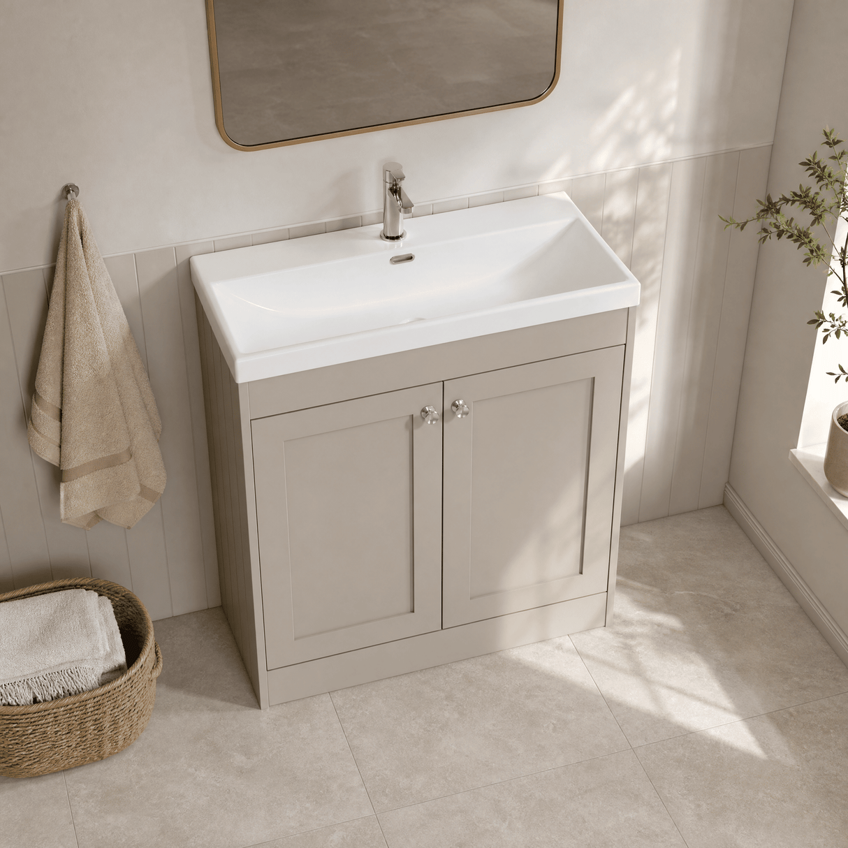 [BFHE3226E] Balterley 800mm Floor Standing 2 Door Unit with Thin Edge Basin 1 Tap Hole - Pebble Grey - Lifestyle 2