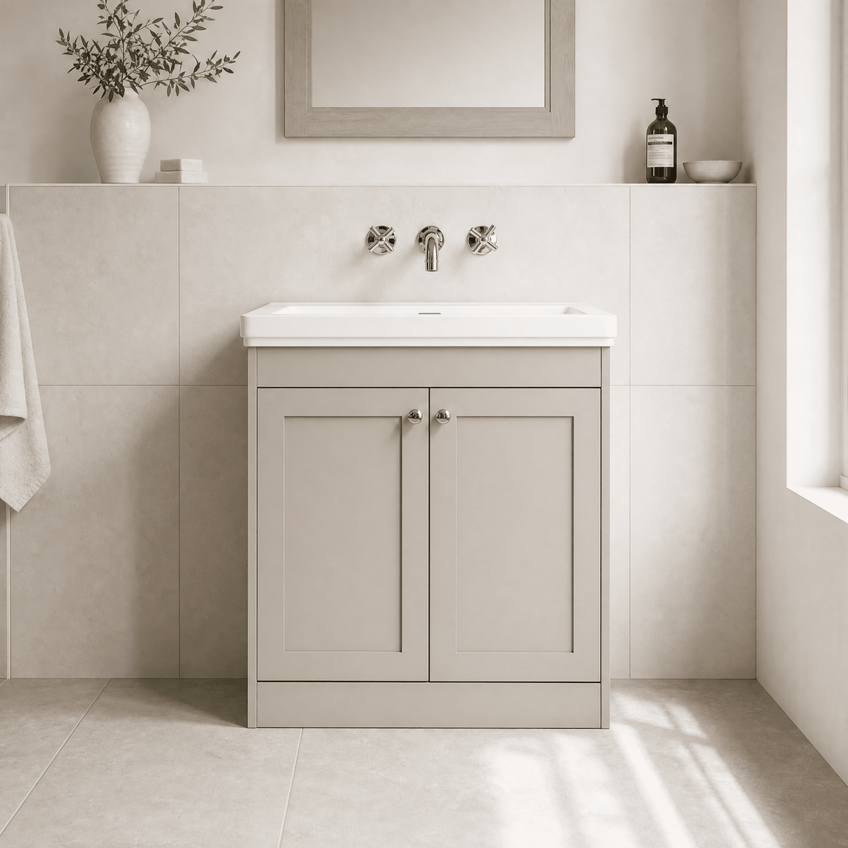 [BFHE3226H] Balterley 800mm Floor Standing 2 Door Unit with Classic Basin No Tap Hole - Pebble Grey - Lifestyle 1