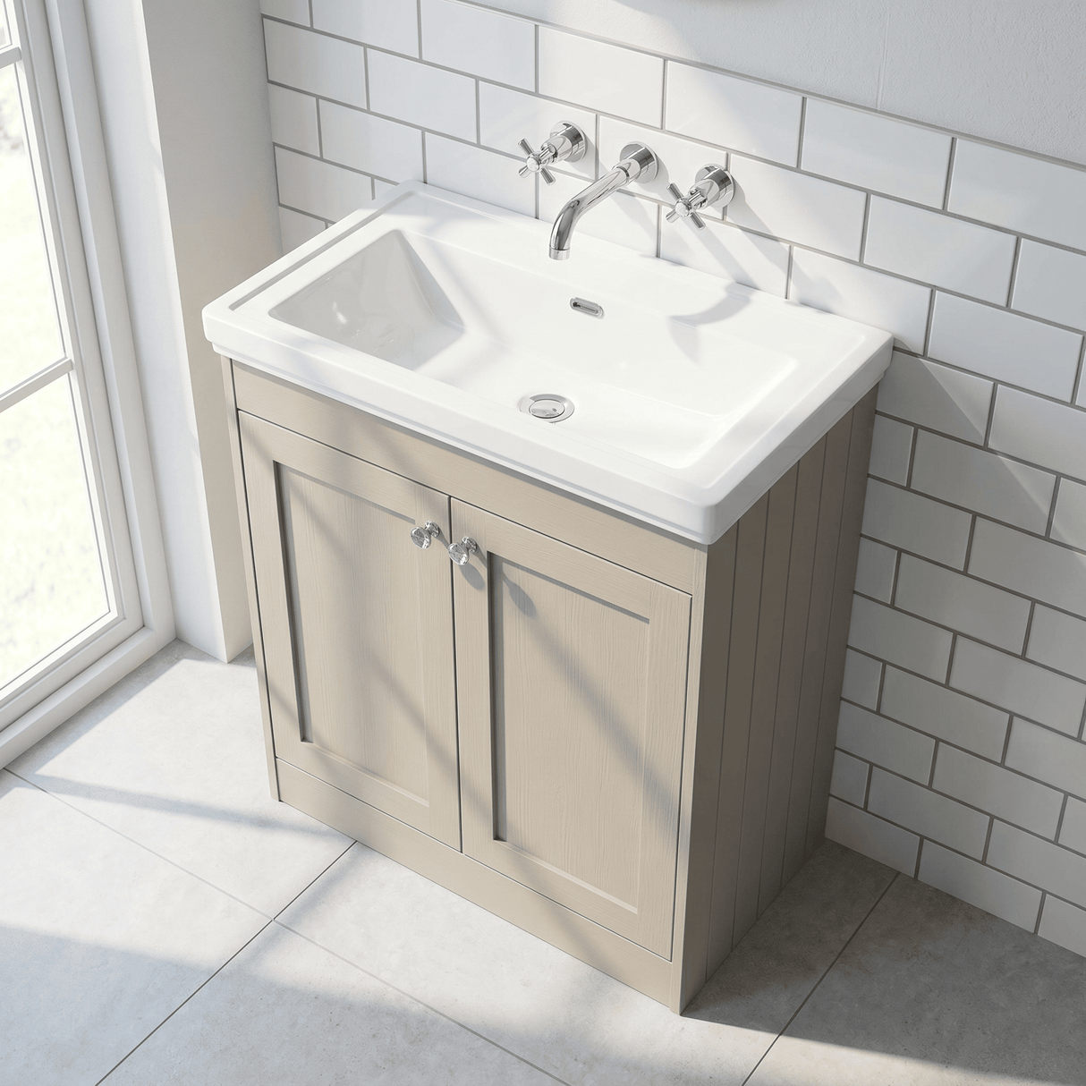 [BFHE3226H] Balterley 800mm Floor Standing 2 Door Unit with Classic Basin No Tap Hole - Pebble Grey - Lifestyle 2