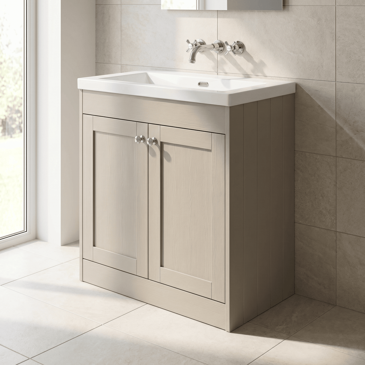 [BFHE3226K] Balterley 800mm Floor Standing 2 Door Unit with Minimalist Basin No Tap Hole - Pebble Grey - Lifestyle 3