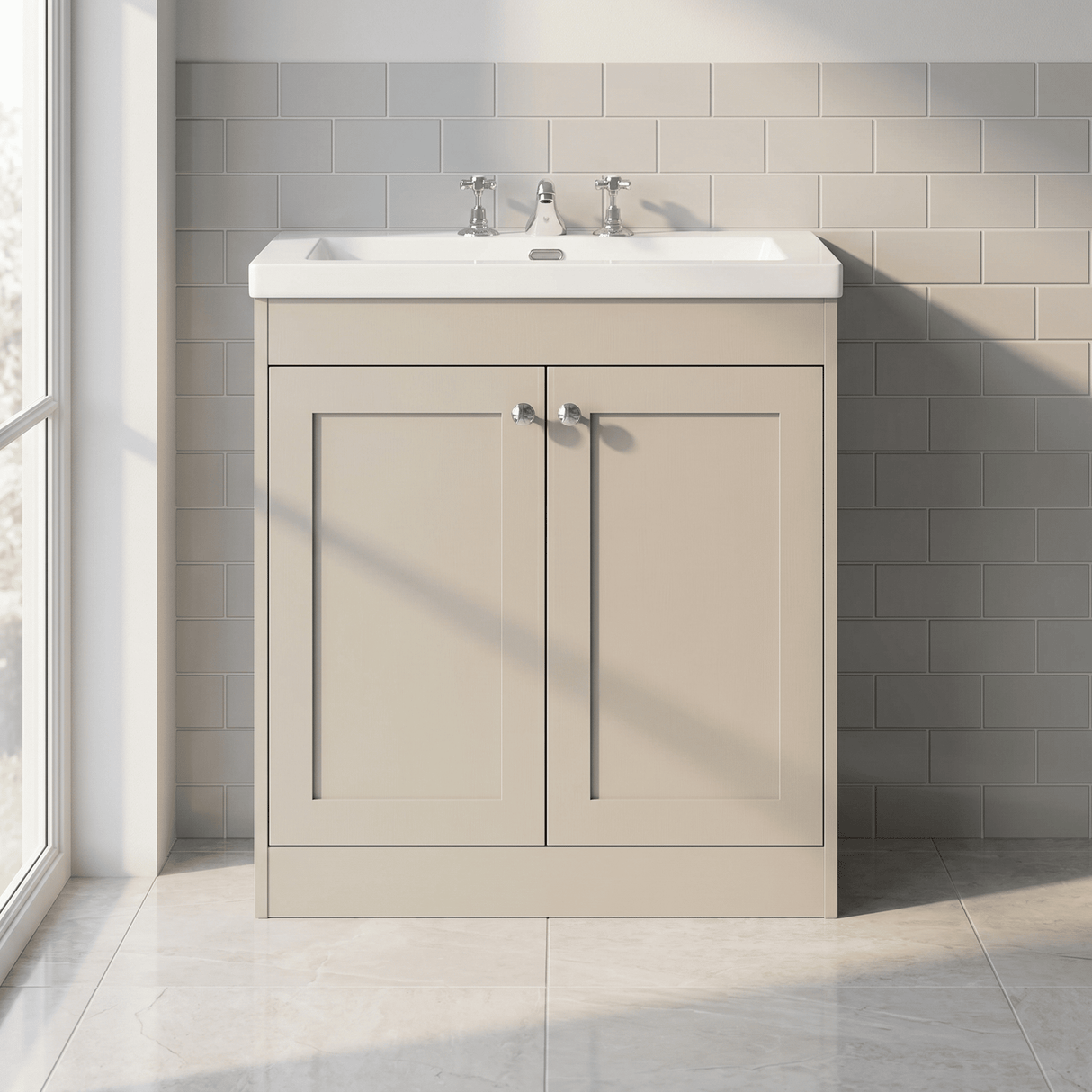[BFHE3226M] Balterley 800mm Floor Standing 2 Door Unit with Minimalist Basin 3 Tap Hole - Pebble Grey - Lifestyle 1